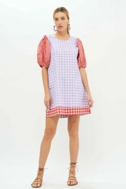 Puff Crew Neck- Gingham Lavender