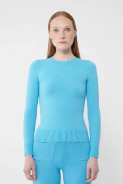 Aqua Peachskin Long Sleeve Crew Neck