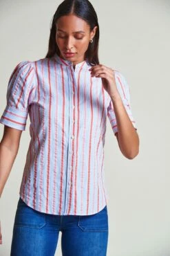 The Short Sleeve Puffed Shoulder Shirt 7 The Short Sleeve Puffed Shoulder Shirt -Cheap Tuke Bazaar Store ShortSleevePuffedShoulderShirt Coral BlueStripes 1
