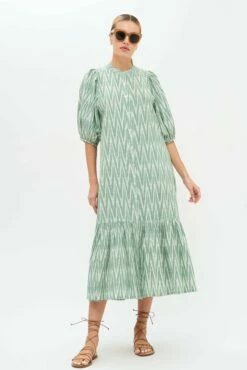 Button Puff Sleeve Midi- Tashkent Green