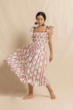 Tess Dress In Red Jaipur Flower Stripe