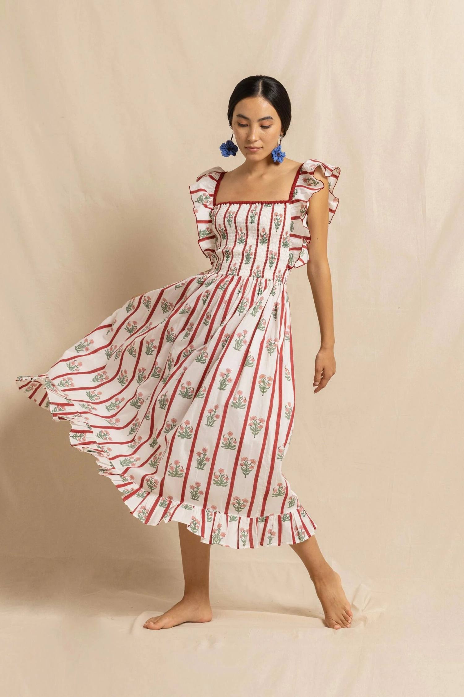 Tess Dress In Red Jaipur Flower Stripe 1 Tess Dress In Red Jaipur Flower Stripe